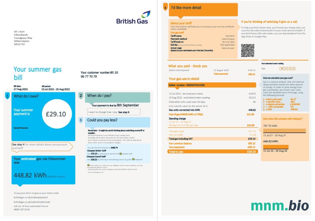 Wielka Brytania British gas rachunek za media, Word i PDF template, 4 strony 1 2